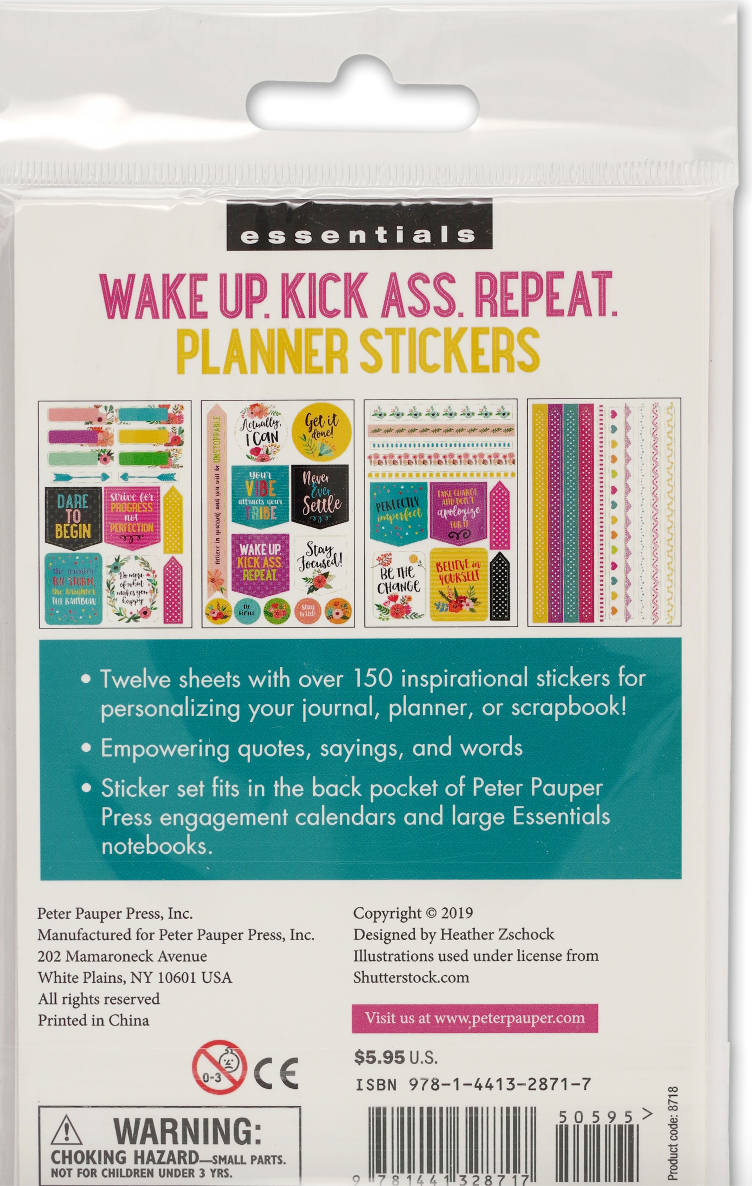 Essentials, Wake Up, Kick Ass, Repeat. Planner Stickers
